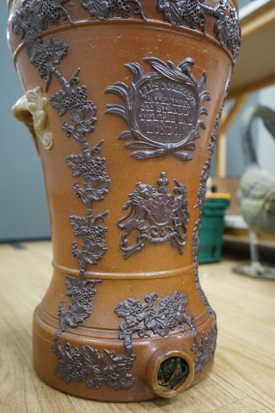 A Victorian salt glazed water filter and a stoneware jar, tallest 48cm